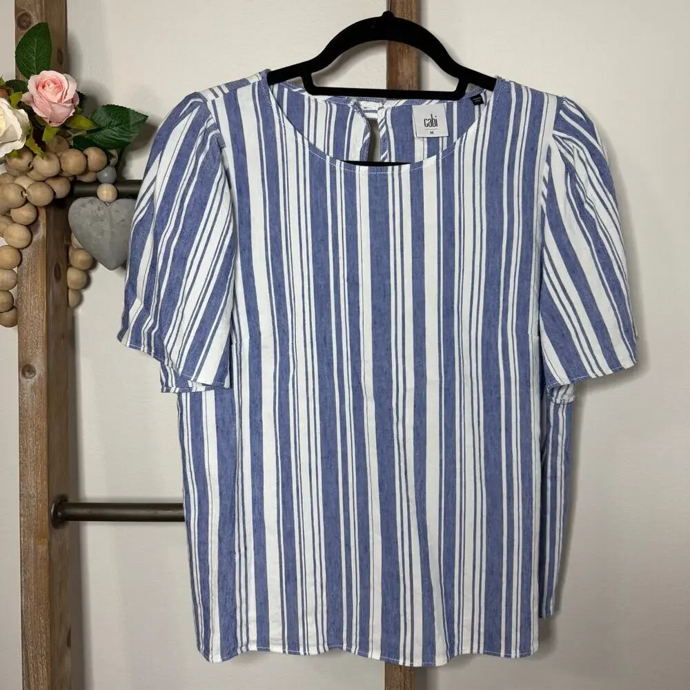 Cabi Style 5343 Blue White Short Sleeve Linen Blouse Size Medium‎ - Picture 2 of 8
